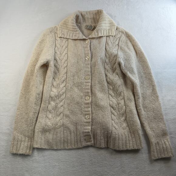 LL Bean L Large Cardigan Sweater Ivory Wool Blend Fisherman Cable Knit Grandma - Picture 2 of 10